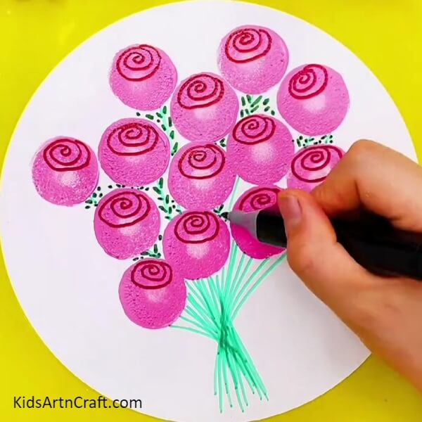 Drawing Leaves With A Dark Green Sketch Pen- Making a Rose Bouquet Artwork Effortlessly for Rookies 