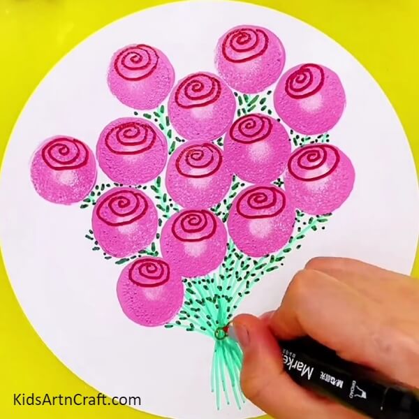 Make A Ribbon With A Brown Sketch Pen- Constructing a Rose Bouquet Artwork Easily for Learners 