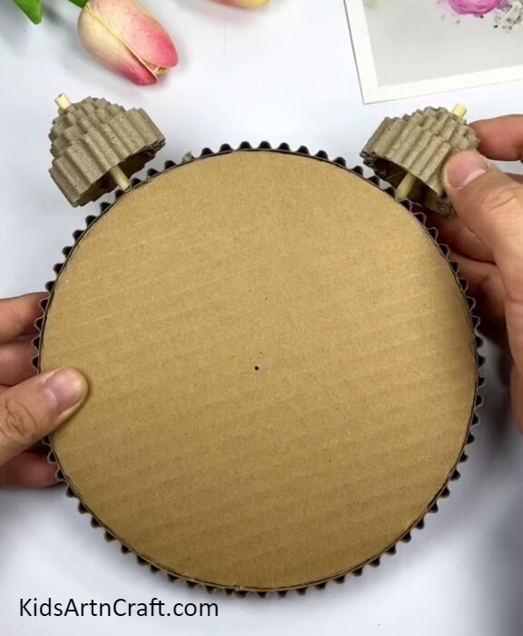Pasting Another Wooden Stick Spiral- Putting Together a Clock from Recycled Cardboard for a Kids Activity