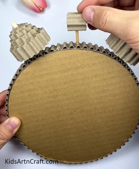 Pasting A Wooden Stick Circle- Construct an Alarm Clock Out of Cardboard with Recycled Materials -A Kid's Project 