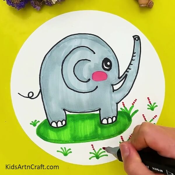 Putting Small Dots Above Flower Plants To Create Flowers-Learn How to Make a Cute Elephant Drawing Step by Step