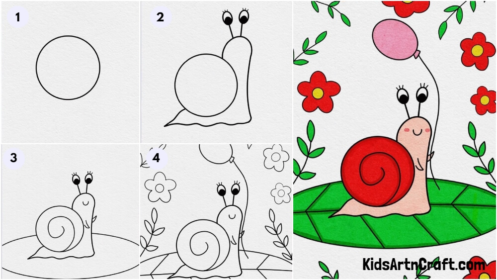 Adorable Snail Drawing Step by step Tutorial For Kids