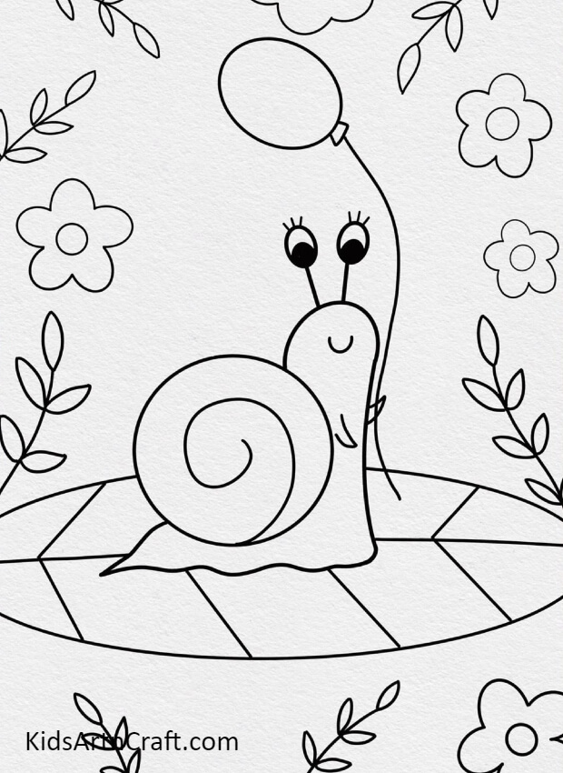 Drawing Balloon, Flowers And Leaves Around Snail- Step by Step Directions for Kids to Create a Lovable Snail Drawing 