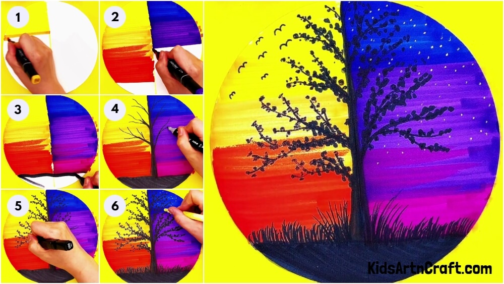 Amazing Tree Day And Night Scenery Drawing Artwork