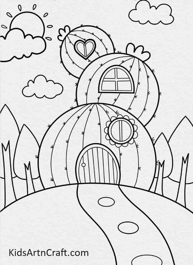 Making The Sky-An Enchanting Cactus House Drawing Tutorial For Kids 