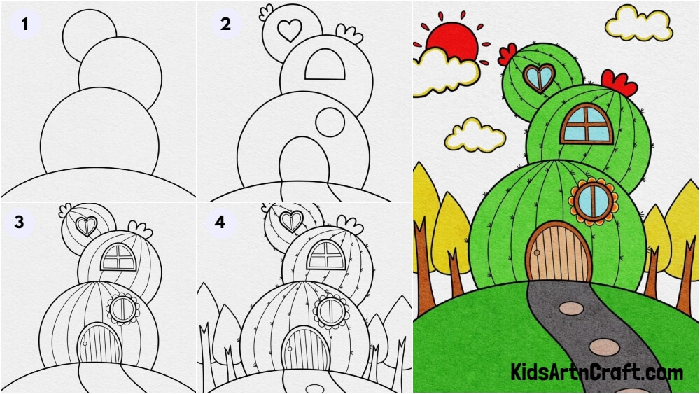 Beautiful Cactus House Drawing Tutorial For Kids
