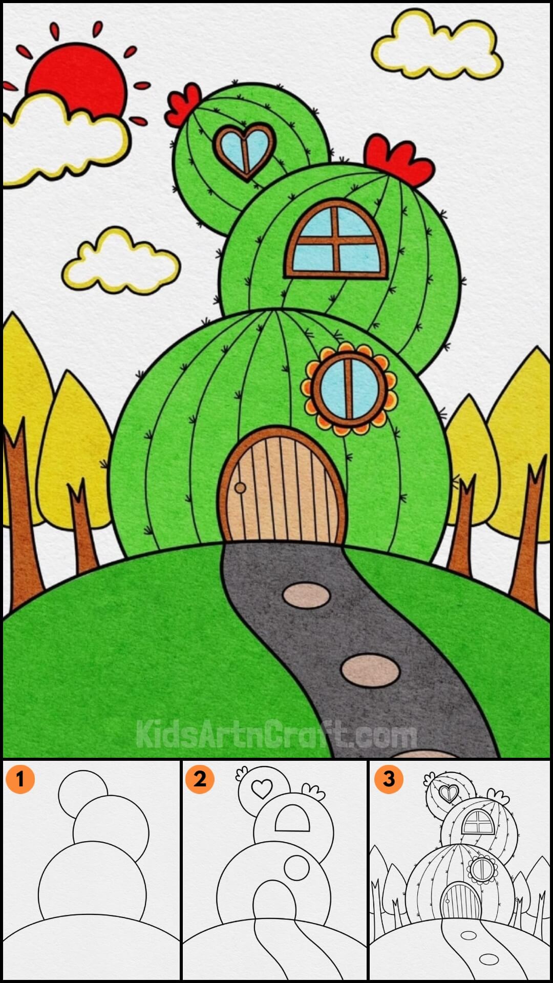 Beautiful Cactus House Drawing Tutorial For Kids