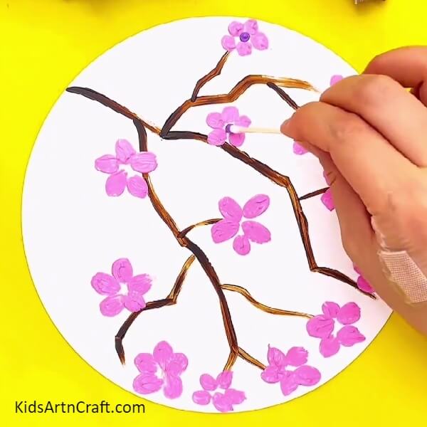 Making The Center Of The Flowers- A Great Art Idea For Kids - Paint A Branch From A Cherry Blossom Tree 
