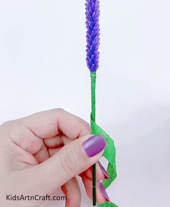 Wrapping up Floral Tape Beneath The Flower. Beautiful Lavender 3D Flowers Making Art Tutorial For Beginners