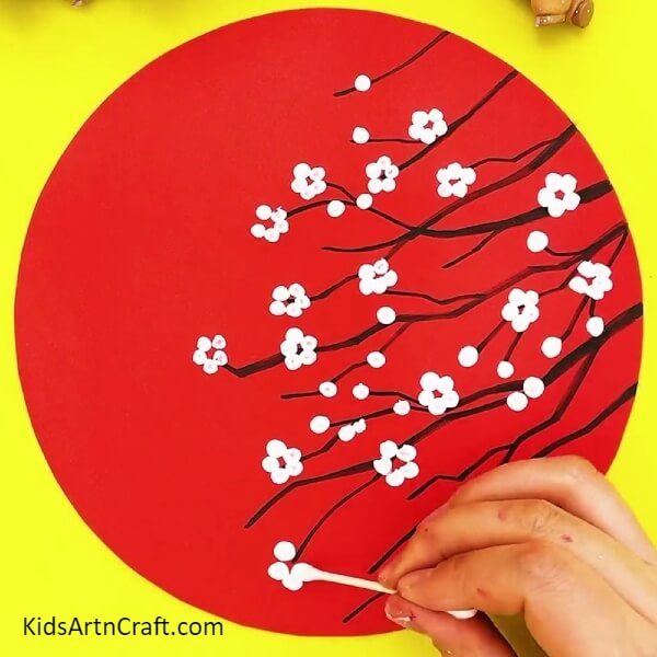 Completing Making The Cherry Blossom- Lovely White Cherry Blossom Art Formed with Cotton Dabbers 