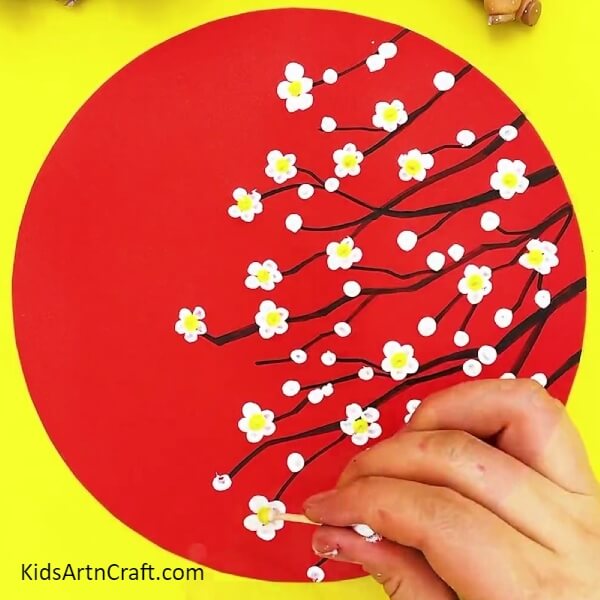 Making The Center Of The Flowers- Magnificent White Cherry Blossom Design Created with Cotton Applicators 