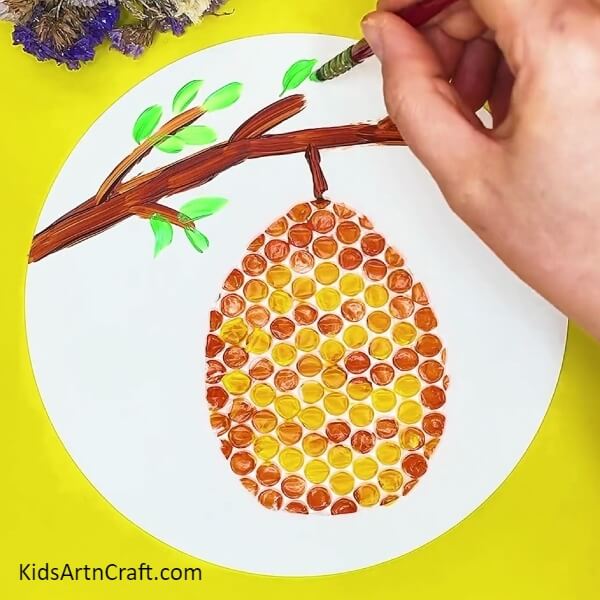 Paint leaves for those Branches- An Art Tutorial For Kids Featuring Bubble Wrap And A Honey Bee Comb