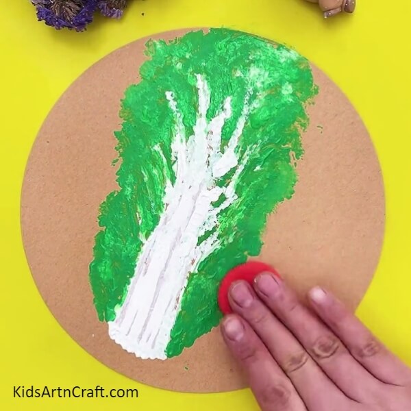 Get The Red Clay And Position On The Right Side Of The Tree- Introduction to Clay Art with Cabbage Prints for Beginners
