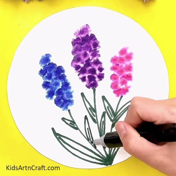 Fill The Stems With Leaves- Designing a brilliant Lavender flower drawing for children. 