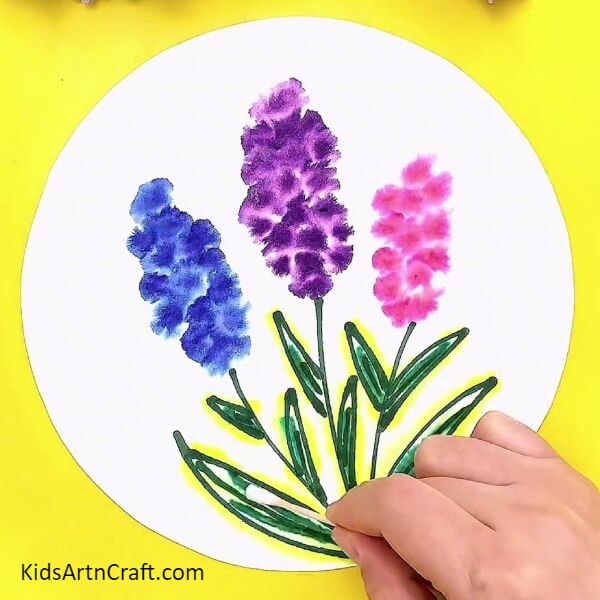 Highlight The Leaves In Yellow- Creating a vivid Lavender flower illustration for little ones. 