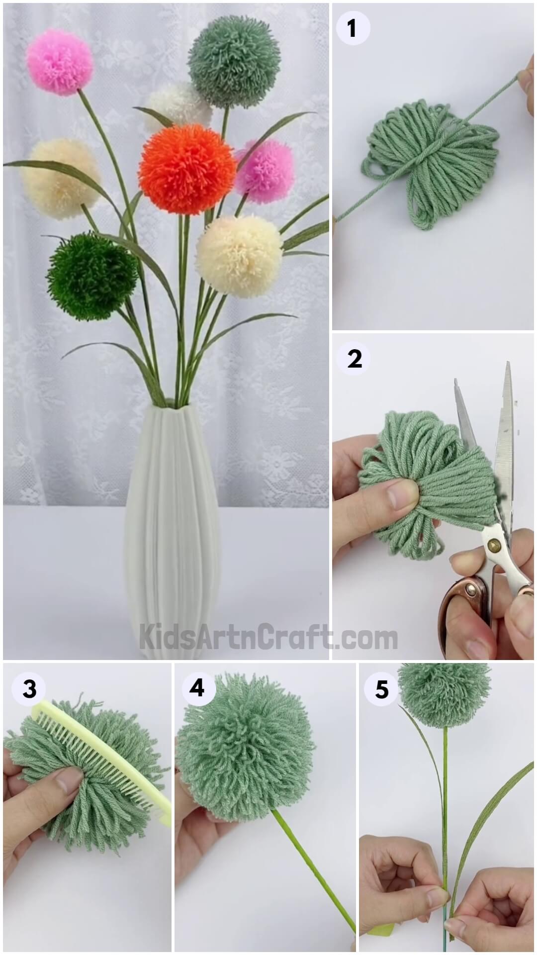  Colorful Thread Pom Pom Flowers Craft Making Tutorial For Kids