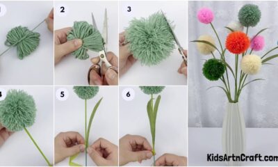 Colorful Thread Pom Pom Flowers Craft Making Tutorial For Kids
