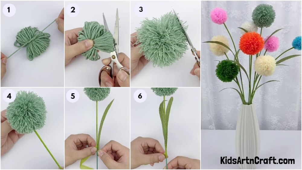 Colorful Thread Pom Pom Flowers Craft Making Tutorial For Kids