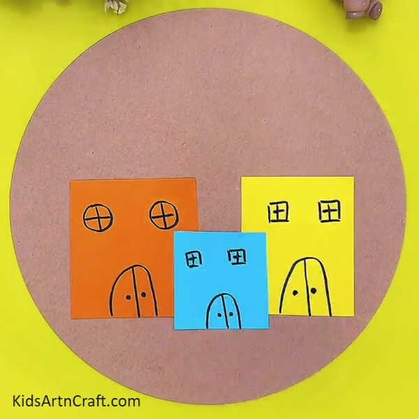 Drawing Windows And Doors Of All The Houses. Tutorial for making Craft Paper House And Tree Scenery Easy Tutorial for Kids