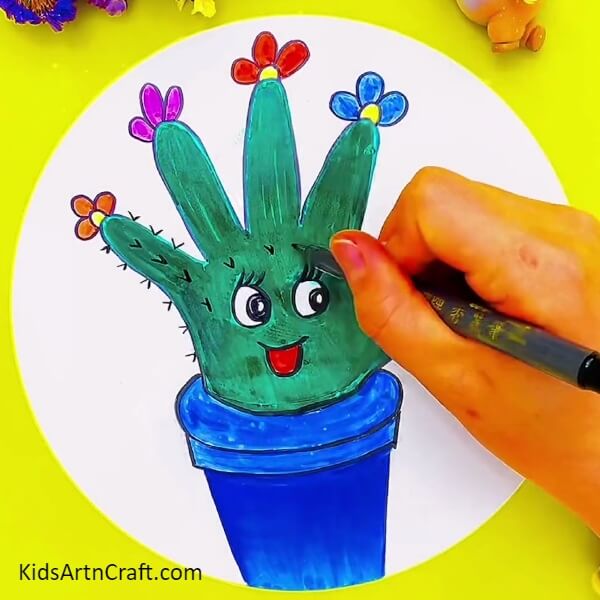Making Spikes Over The Cactus-Making an Outline of a Cactus with your Hands for Children