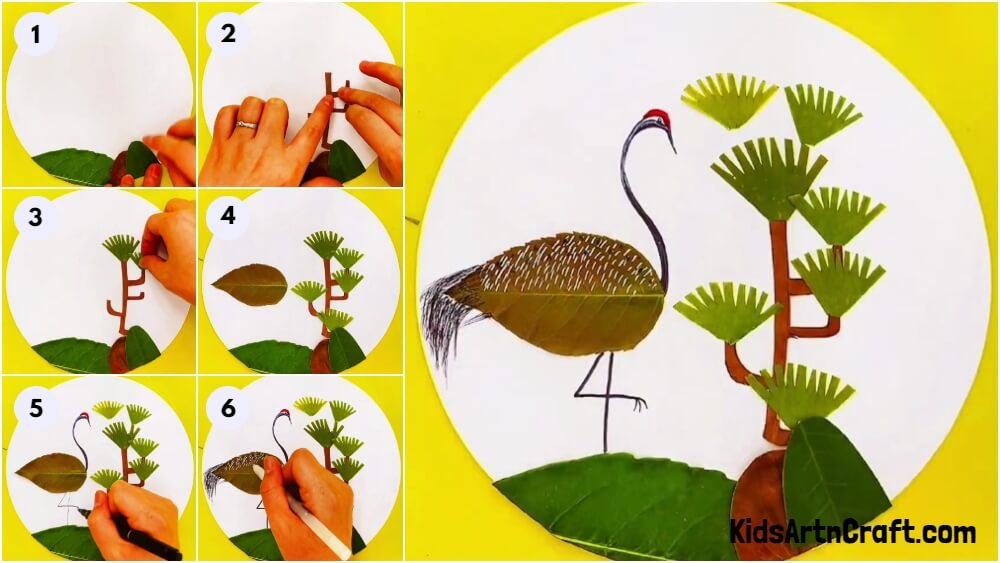 Creative Crane Bird Fall Leaves Scenery Craft Idea For Kids