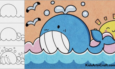 Cute Whale Drawing Step by Step Tutorial For Kids
