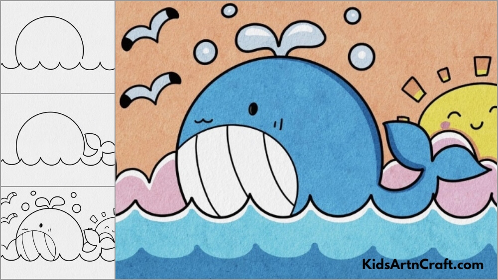 Cute Whale Drawing Step by Step Tutorial For Kids