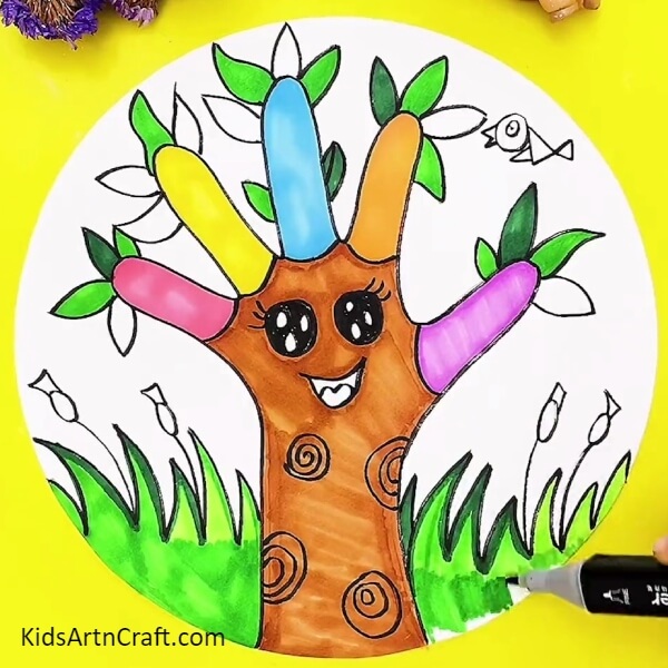 Coloring Tree Leaves And Grass-Making it possible for kids to draw a tree outline easily