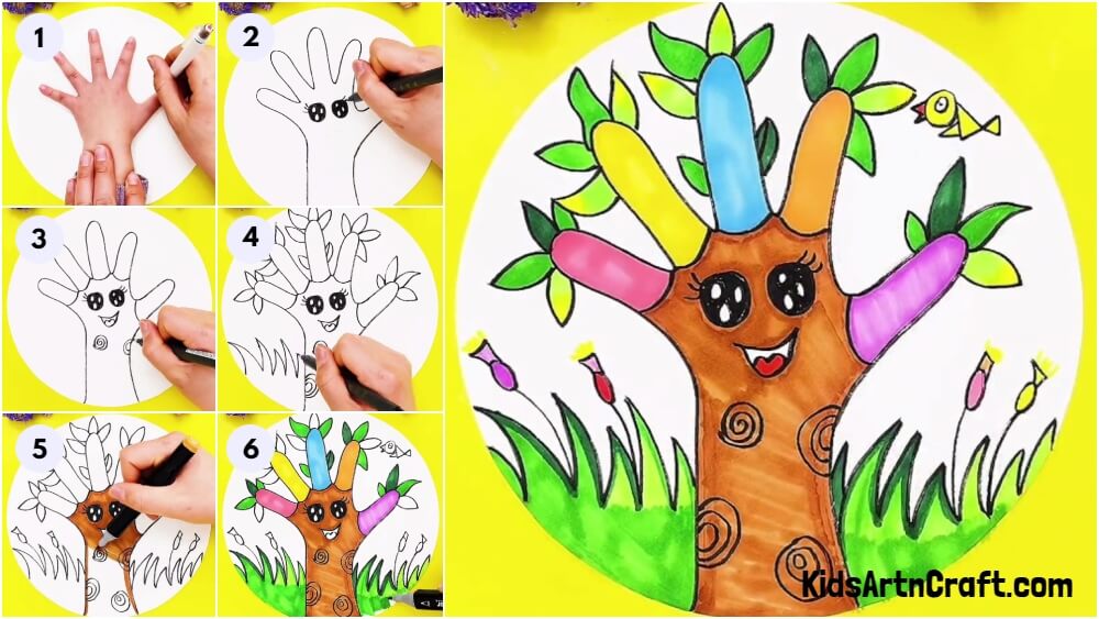 Easy Hand Outline Tree Making Drawing For Kids