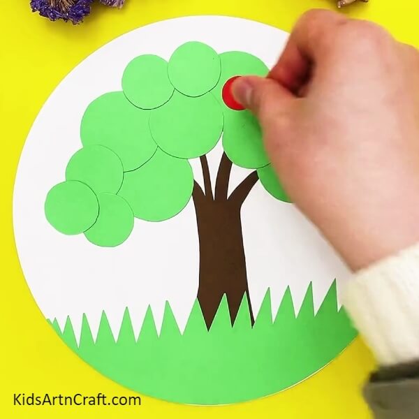 Make red circle with red craft paper- Here’s a simple tutorial on how to make a paper circle apple tree craft