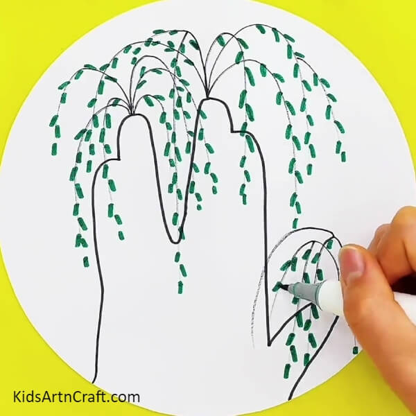 Making The Leaves Over Thumb Outline-Guide for kids to make a hand-shaped tree sketch step-by-step