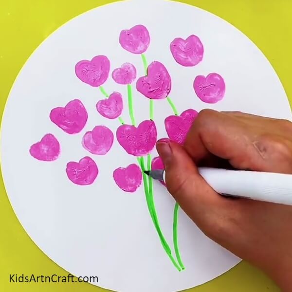 Drawing The Stems To The Hearts- How to Make a Heart Flower Bouquet - A Kids' Tutorial 
