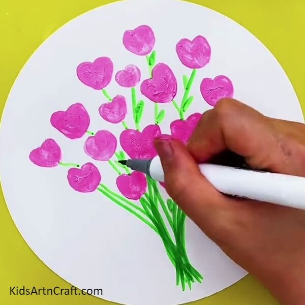 Making Leaves To The Stems- Step-by-Step Instructions for Crafting a Heart Flower Bouquet for Children 