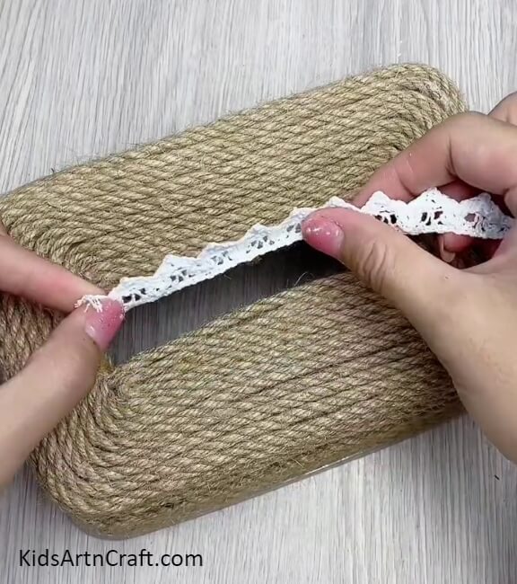 Adding Another Designer Cloth Strip - How to Make a Tissue Box with Jute Threads Step-by-Step