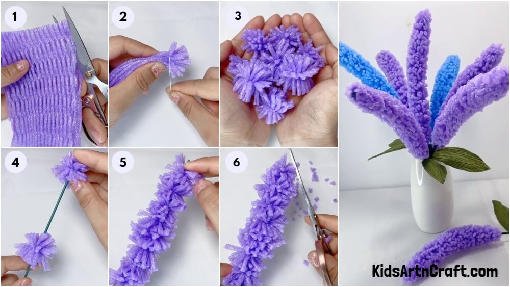 DIY Lavender Flowers Using Fruit Foam Pom Poms Idea