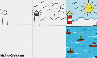 Lighthouse And Sea Scenery Drawing Tutorial For Beginners