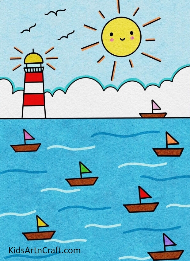 Colouring the drawing- A Guide for Beginners on Drawing Lighthouse and Beach Scene