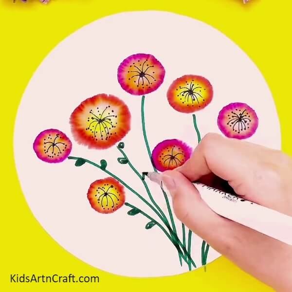 Drawing The Leaves-An imaginative way for children to draw a flower garden using sketch pens
