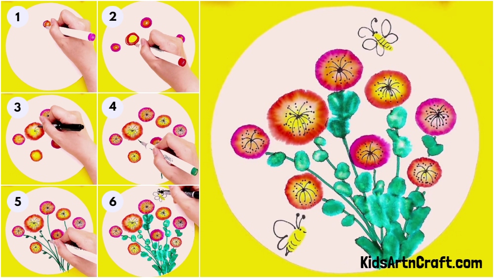 Pretty Flower Garden Painting Using Sketch Pens Idea For Kids