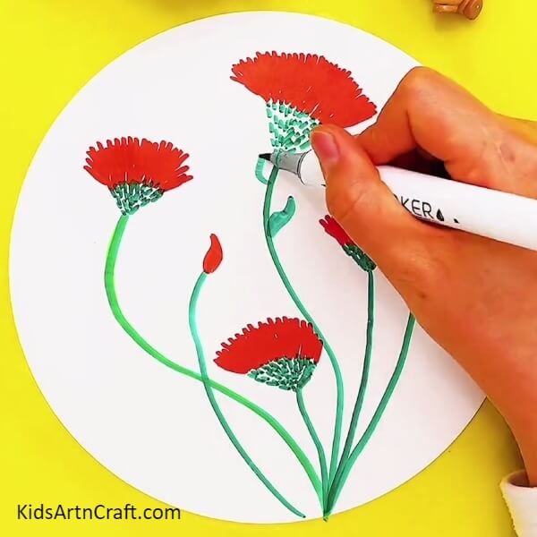 Making Leaves To The Stems-A Beautiful Poppy Flower Art Design for Kids