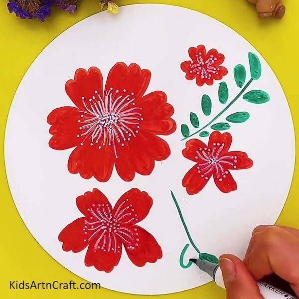 Drawing Leaves - Making a Pretty Red floral Artwork, step by step