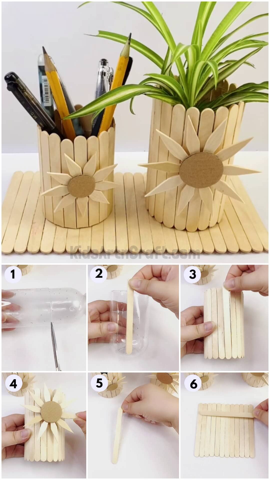  Pretty Sunflower Pattern Popsicle Stick Pencil Stand Craft Tutorial For Kids
