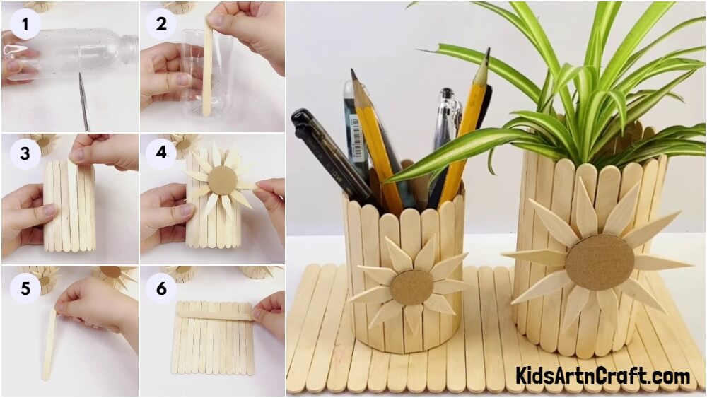 Pretty Sunflower Pattern Popsicle Stick Pencil Stand Craft Tutorial For Kids