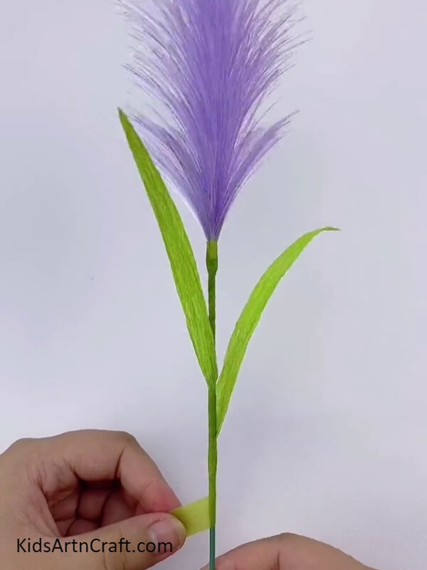 Attaching One More Leaf With Pampas Grass- Crafting a Purple Pampas Grass Piece in 3D with Ribbon: A Tutorial for Little Ones