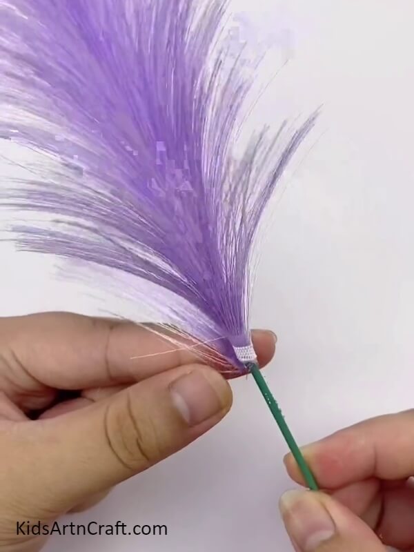 Completing One Piece Of Pampas- 3D Craft Of Purple Pampas Grass Made Of Ribbon For Kids