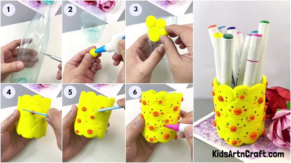 Recycled Chick Pattern Pencil Stand Craft Step by Step Tutorial