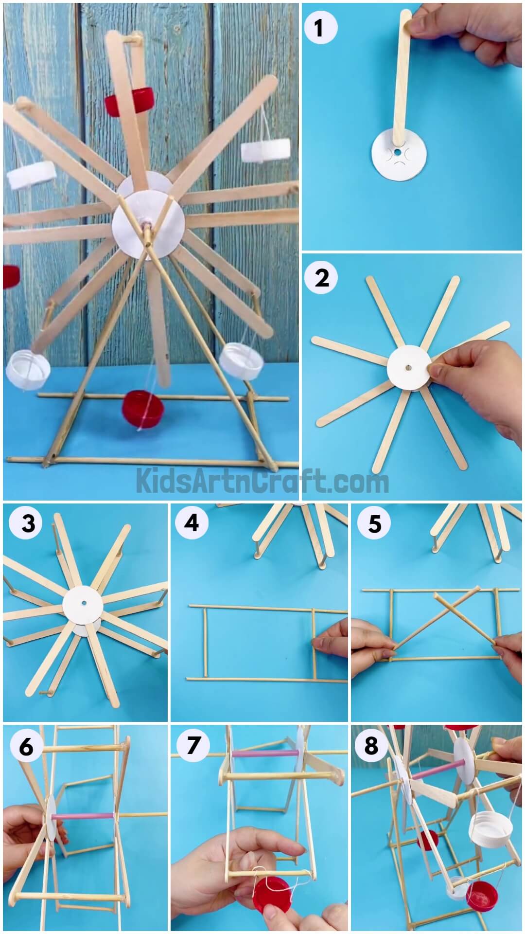 DIY Recycled Sticks And Bottle Caps Ferris Wheel Craft Idea For Kids