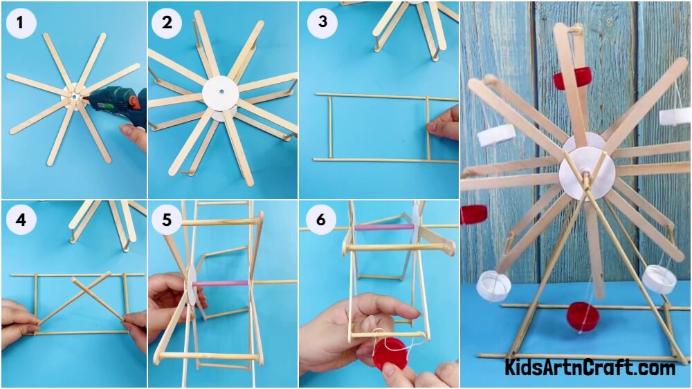 DIY Recycled Sticks And Bottle Caps Ferris Wheel Craft Idea For Kids