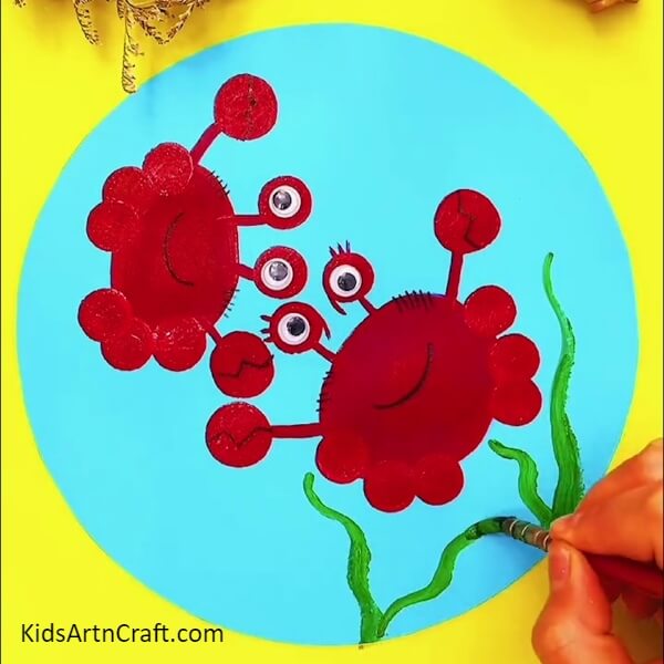 Detailing The Other Crab And Making Water Plants- A Step-by-Step Tutorial to Teach Kids to Paint Red Crabs Underwater