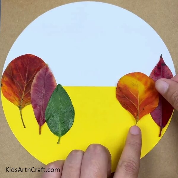 Sticking Different Shape Fall Leaves To Make Trees On The Landscape- Crafting with Autumn Leaves and River Scenery
